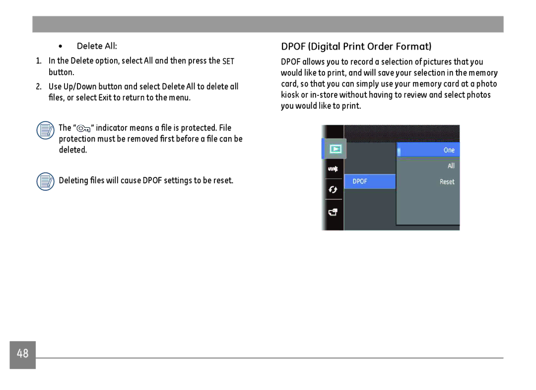 GE C1440WSL, C1440WRD, C1440WBK Dpof Digital Print Order Format, Delete option, select All and then press the SET button 