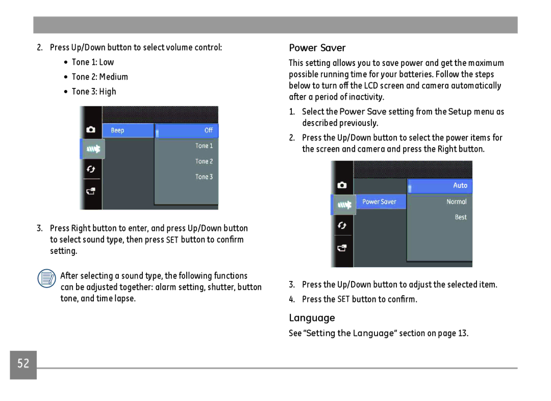 GE C1440WRD, C1440WSL, C1440WBK user manual Power Saver, See Setting the Language section on 