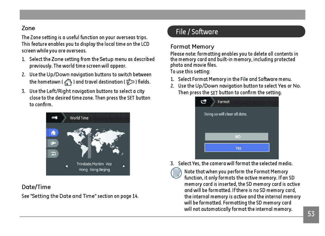 GE C1440WBK, C1440WSL, C1440WRD user manual File / Software, Zone, Date/Time, Format Memory 