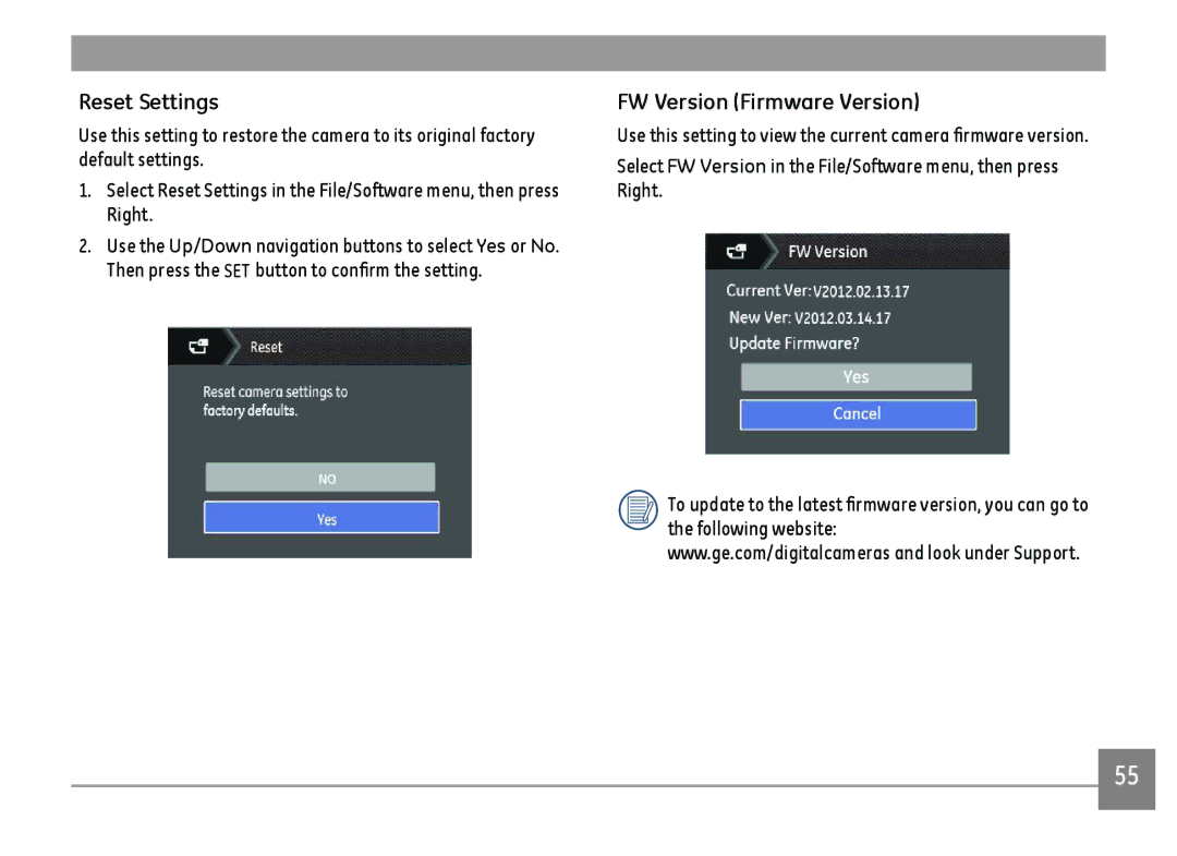 GE C1440WRD, C1440WSL, C1440WBK user manual Reset Settings, FW Version Firmware Version 