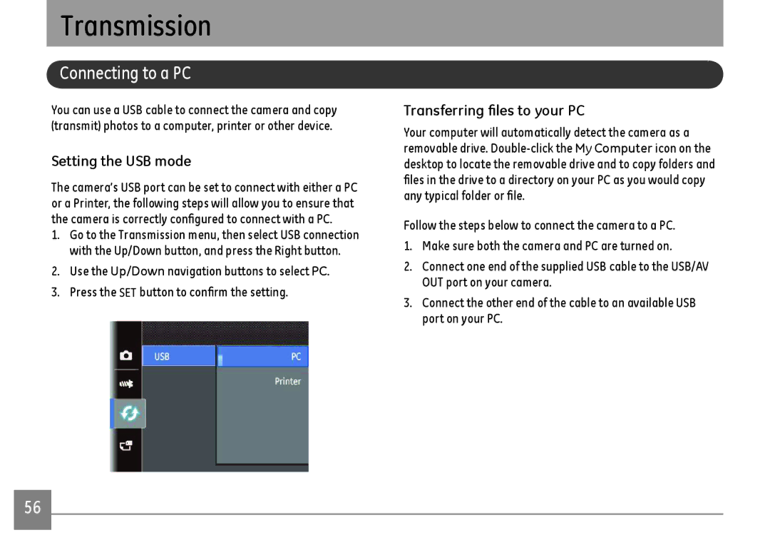 GE C1440WBK, C1440WSL, C1440WRD user manual Connecting to a PC, Setting the USB mode, Transferring files to your PC 