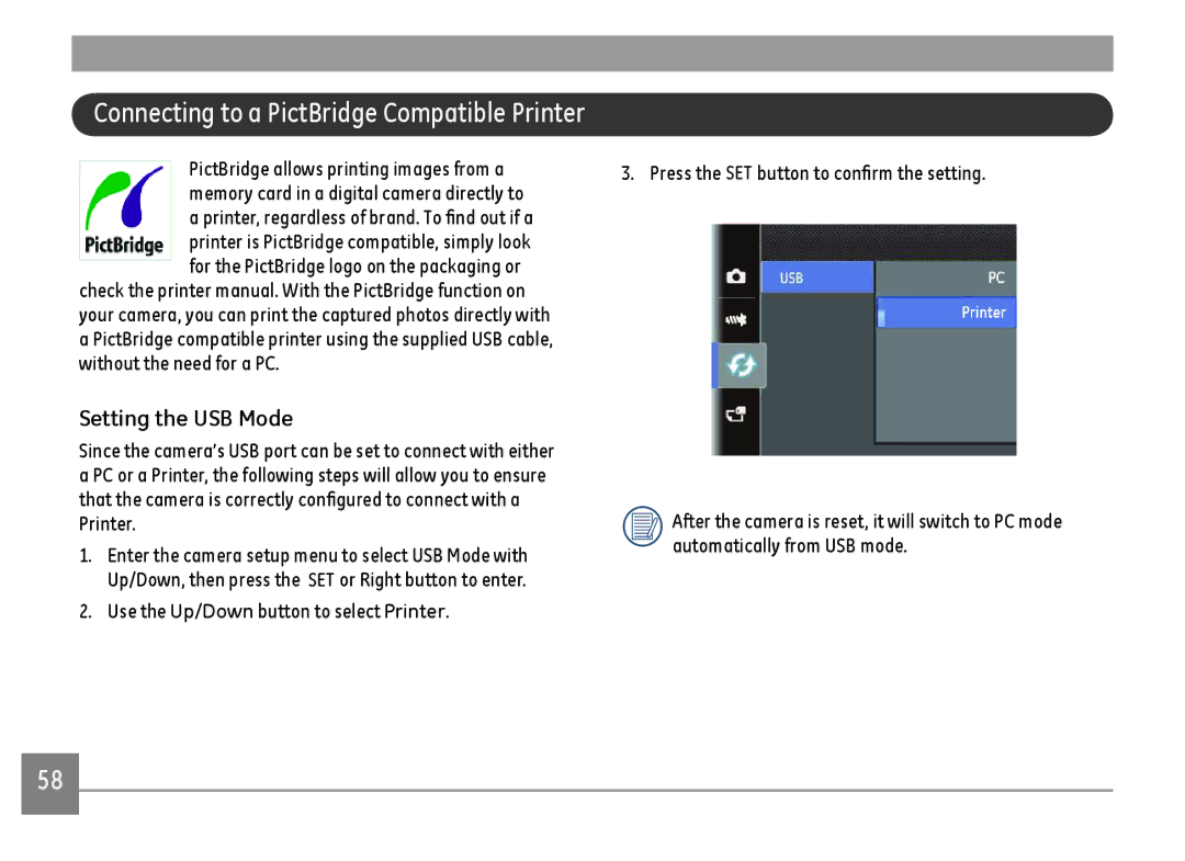 GE C1440WRD, C1440WSL, C1440WBK user manual Connecting to a PictBridge Compatible Printer 