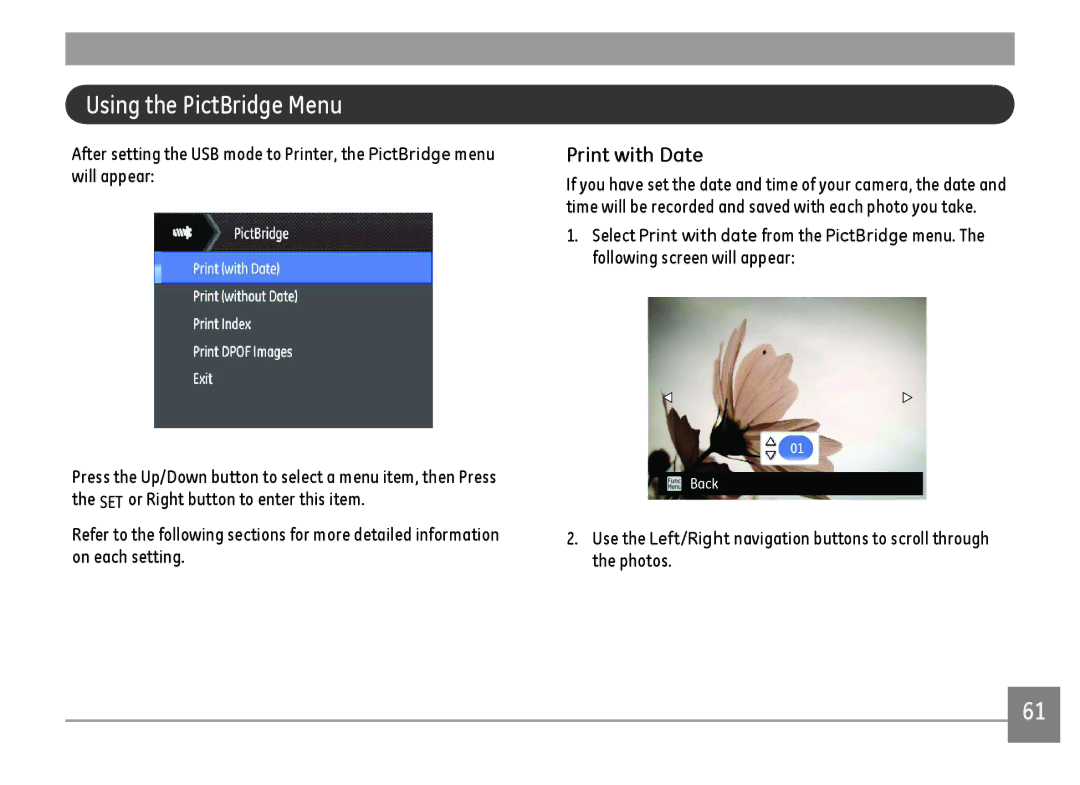 GE C1440WRD, C1440WSL, C1440WBK user manual Using the PictBridge Menu, Print with Date 