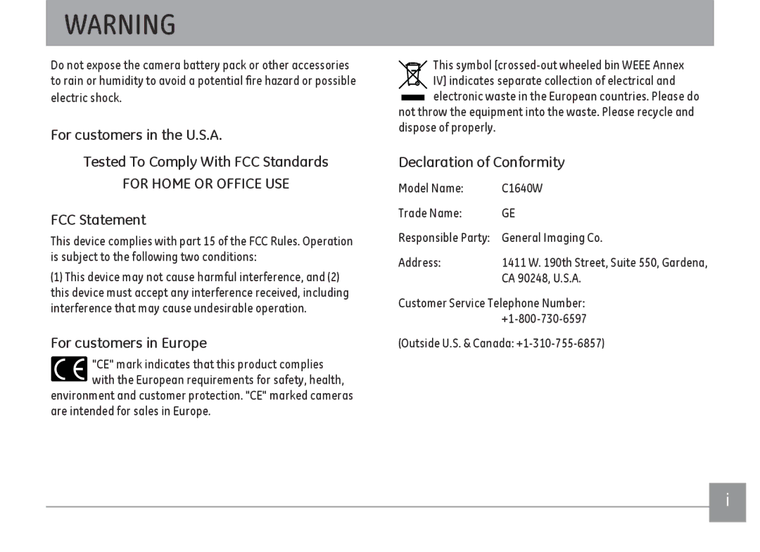 GE C1640W-BK user manual FCC Statement, For customers in Europe, Declaration of Conformity 