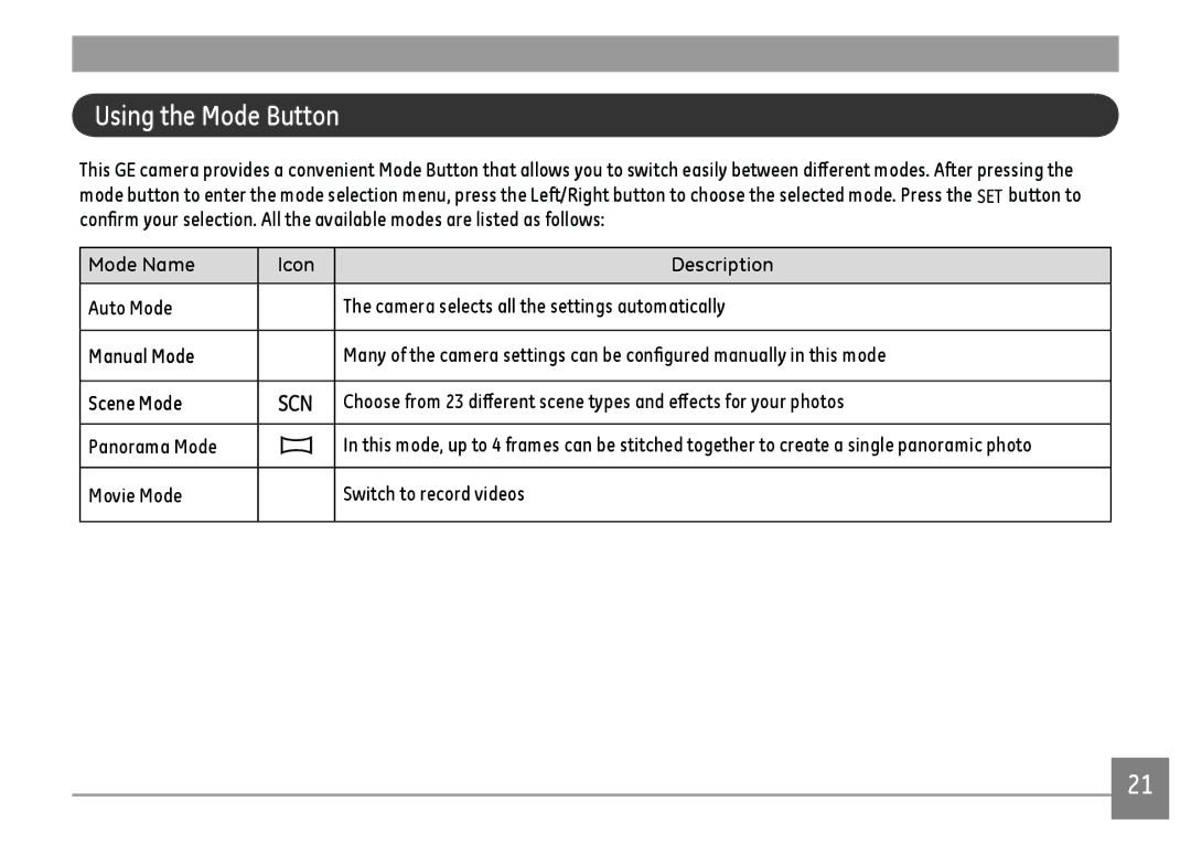 GE C1640W-BK user manual Using the Mode Button, Movie Mode Switch to record videos 