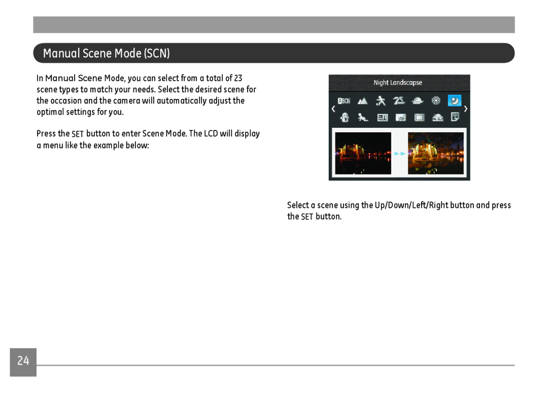 GE C1640W-BK user manual Manual Scene Mode SCN 