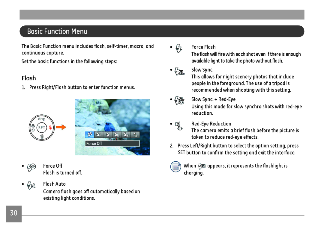 GE C1640W-BK user manual Basic Function Menu, Flash, When appears, it represents the flashlight is charging 