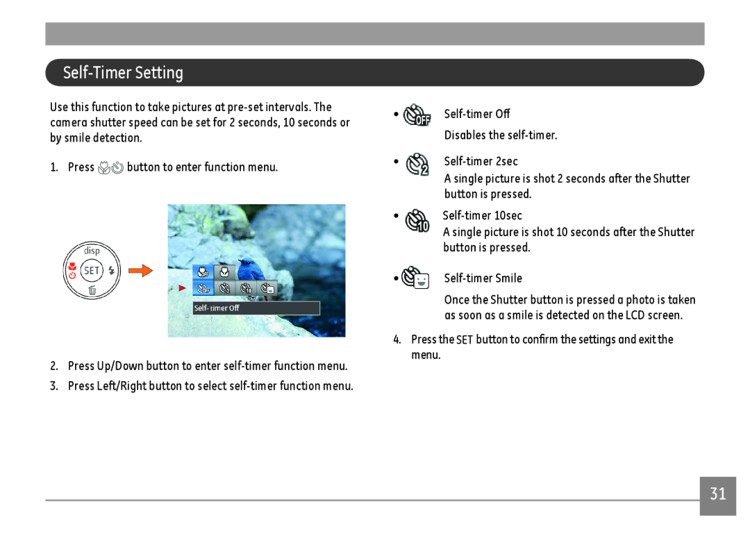 GE C1640W-BK user manual Self-Timer Setting 