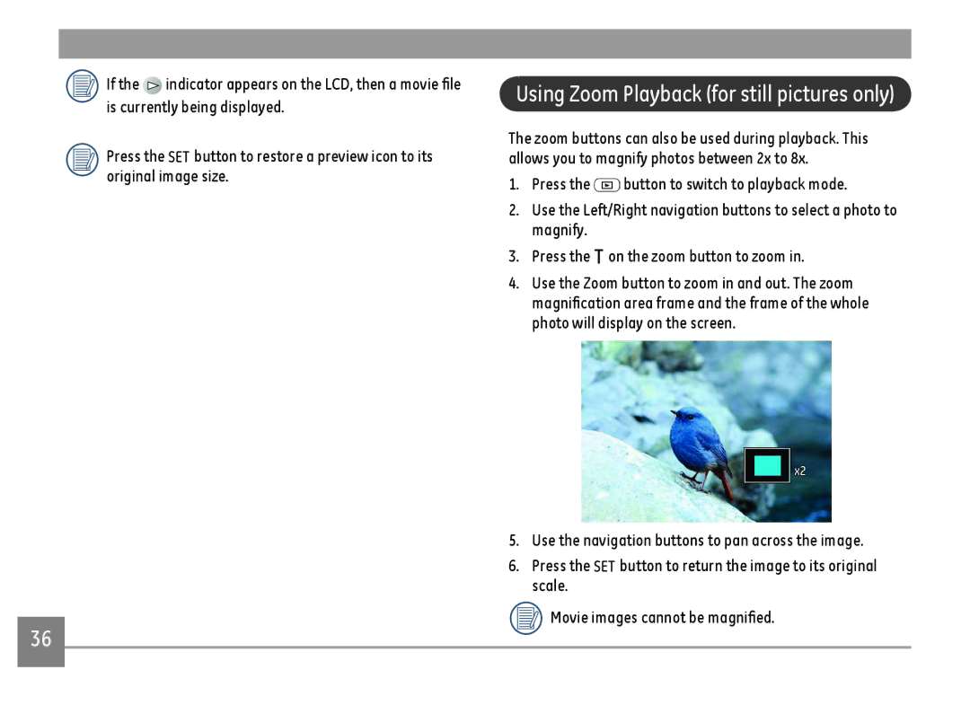 GE C1640W-BK user manual Using Zoom Playback for still pictures only 