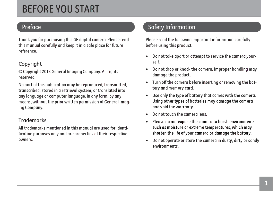 GE C1640W-BK user manual Before YOU Start, Preface, Safety Information, Copyright, Trademarks 