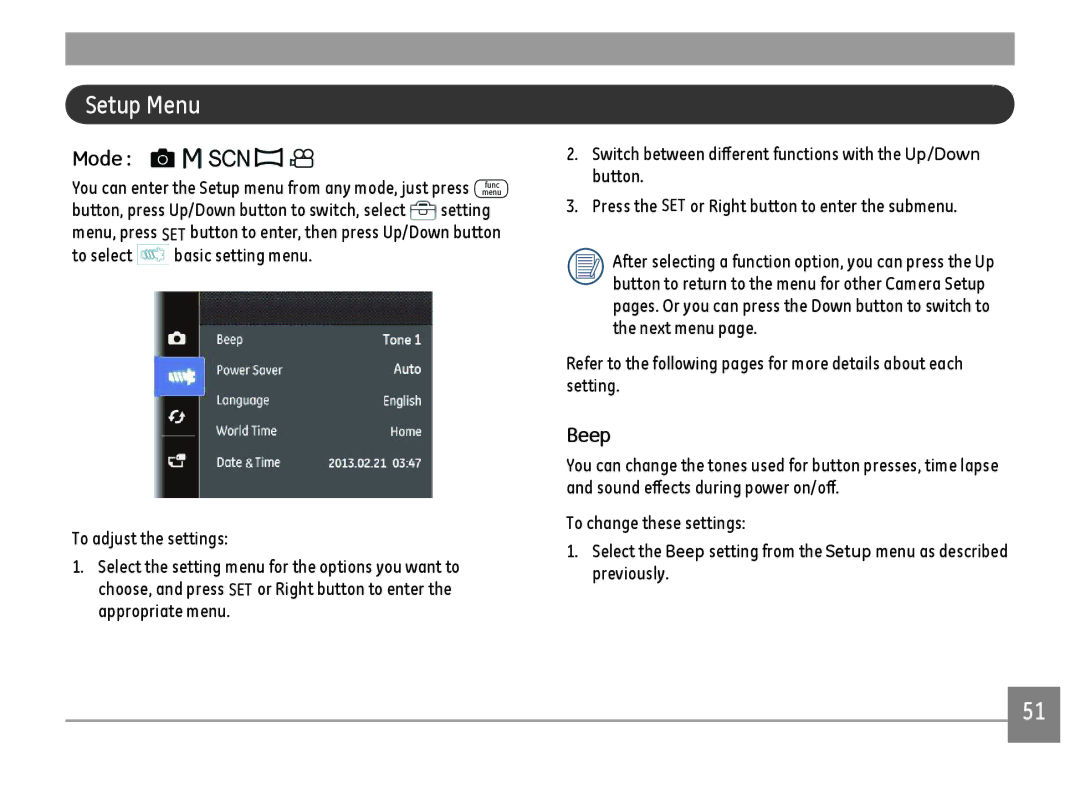 GE C1640W-BK user manual Setup Menu, Beep, To select 