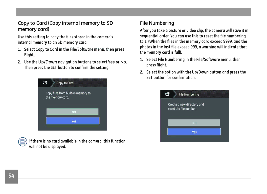 GE C1640W-BK user manual Copy to Card Copy internal memory to SD memory card, File Numbering 