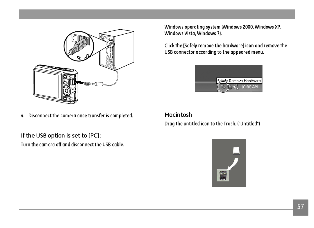 GE C1640W-BK user manual If the USB option is set to PC, Macintosh, Disconnect the camera once transfer is completed 