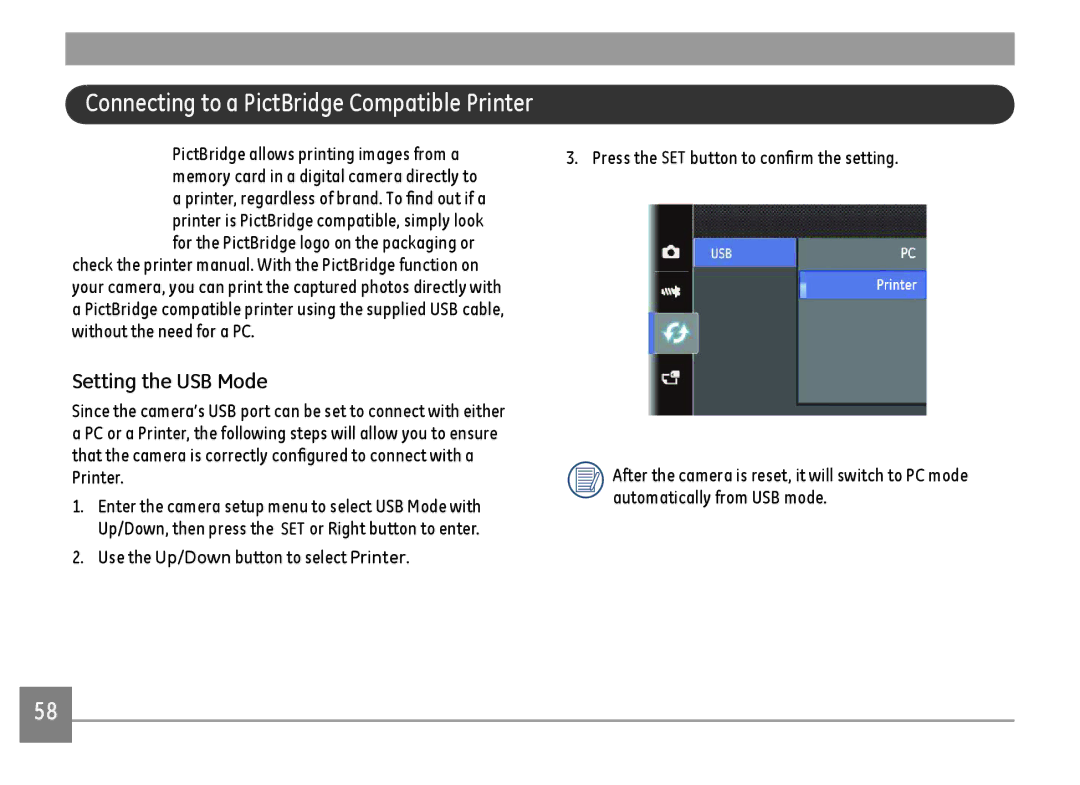 GE C1640W-BK user manual Connecting to a PictBridge Compatible Printer 