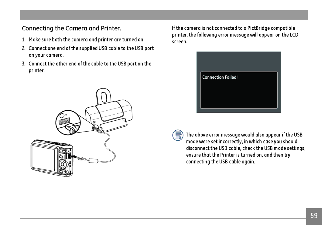 GE C1640W-BK user manual Connecting the Camera and Printer 