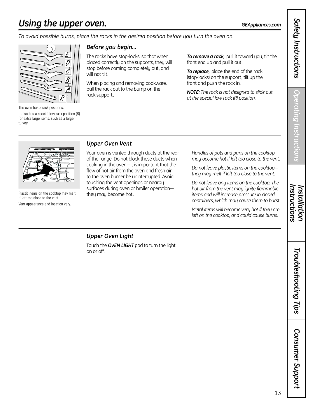 GE 04-09 JR, C2S980, 49-85167-1 Usingthe upper oven, Instructions, Before you begin…, Upper Oven Vent, Upper Oven Light 