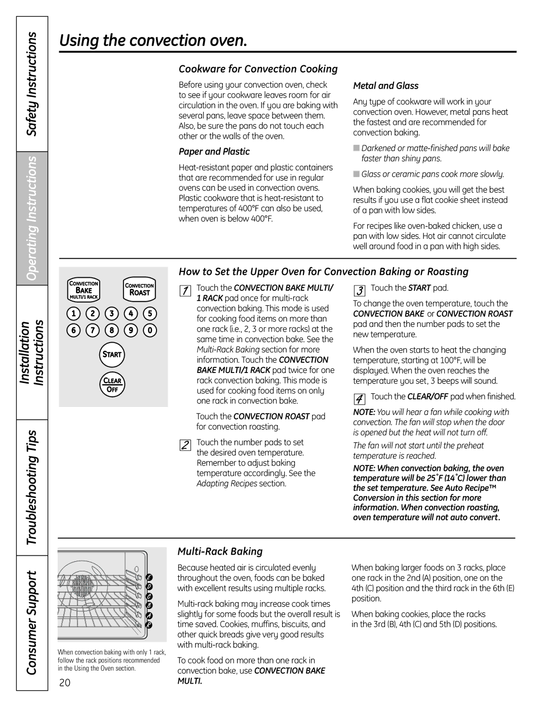 GE C2S980, 04-09 JR Installation Instructions Troubleshooting Tips, Cookware for Convection Cooking, Multi-Rack Baking 