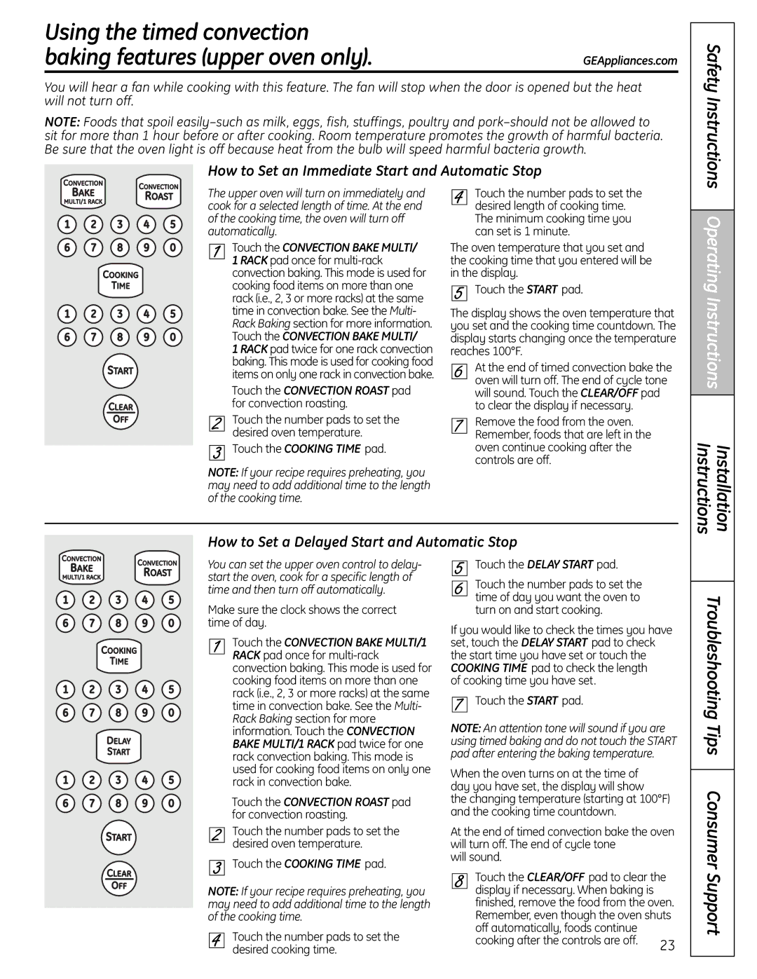 GE 183D5580P249 Using the timedconvection Baking features upper ovenonly, How to Set an Immediate Start and Automatic Stop 