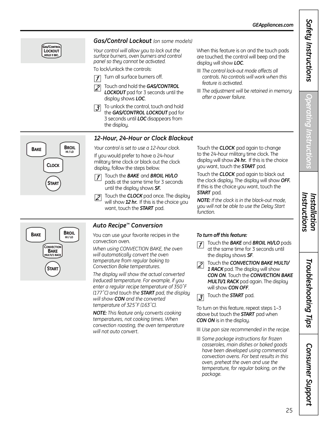 GE 04-09 JR, C2S980, 49-85167-1 Gas/Control Lockout on some models, Hour, 24-Hour or Clock Blackout, Auto Recipe Conversion 