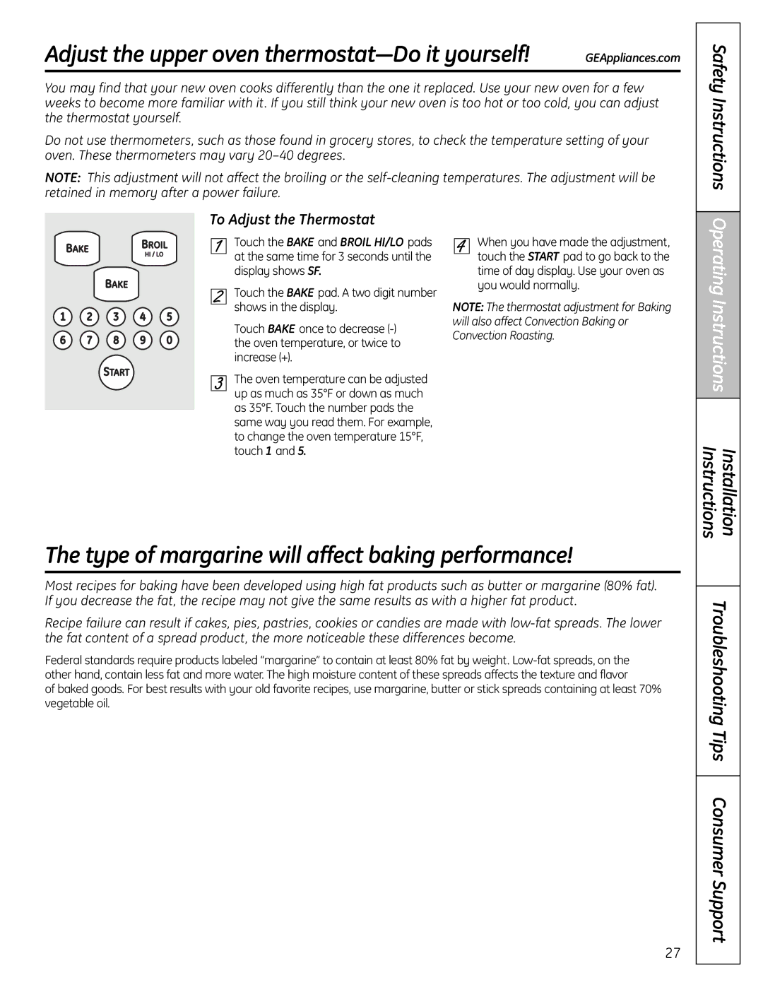 GE 183D5580P249, C2S980 Adjustthe upperoven thermostat-Do it yourself, Type of margarine will affectbaking performance 