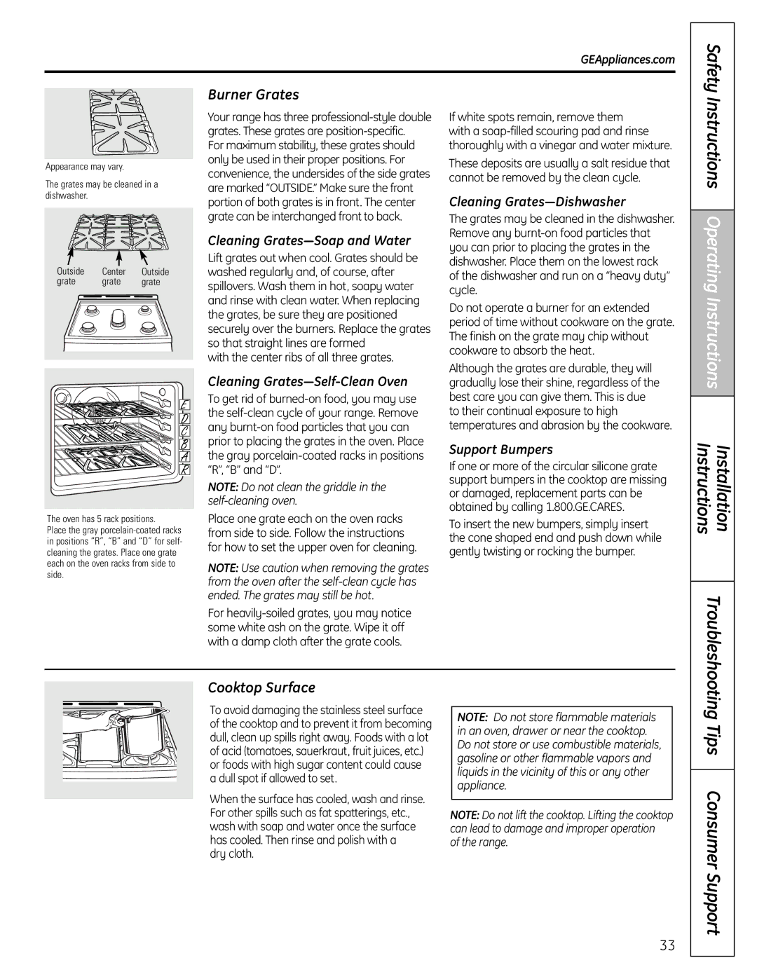 GE 04-09 JR, C2S980, 49-85167-1, 183D5580P249 manual Tips Consumer Support, Burner Grates, Cooktop Surface 