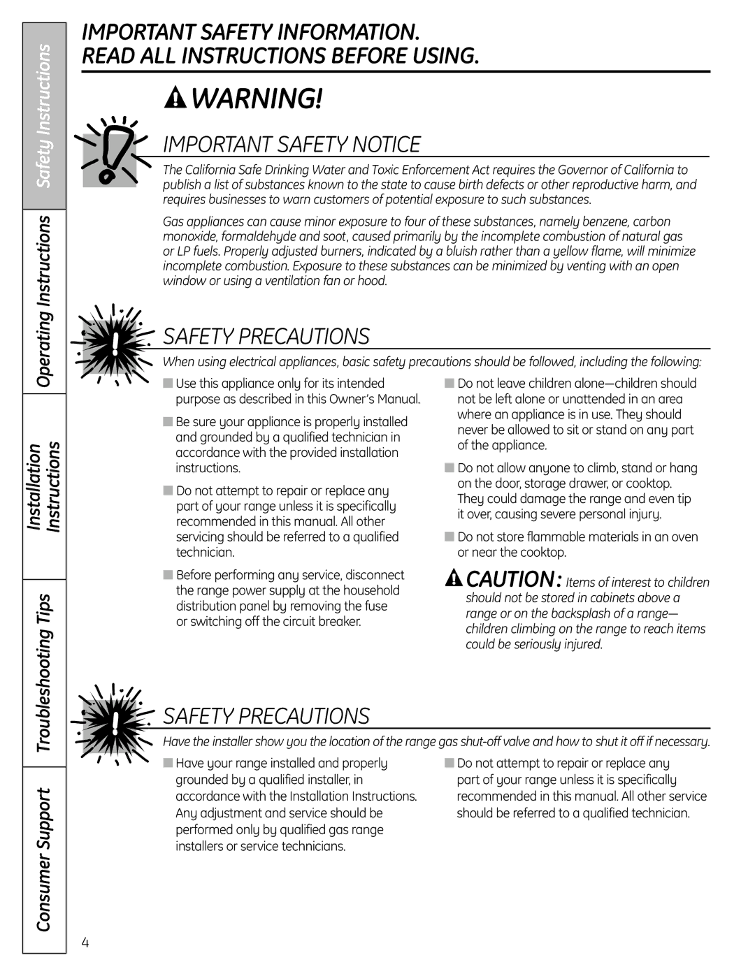 GE C2S980, 04-09 JR, 49-85167-1 Operating Instructions Safety Instructions, Installation Instructions, Consumer Support 