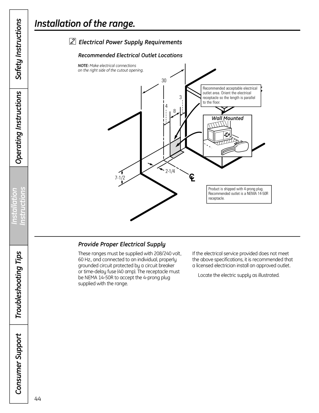 GE C2S980 Electrical Power Supply Requirements, Provide Proper Electrical Supply, Recommended Electrical Outlet Locations 