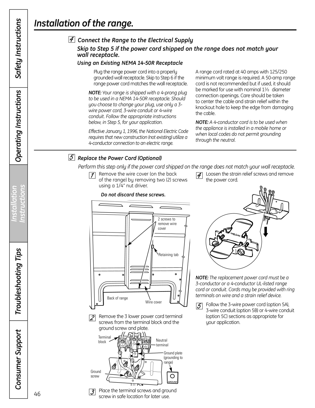 GE 49-85167-1 manual Using an Existing Nema 14-50R Receptacle, Replace the Power Cord Optional, Do not discard these screws 