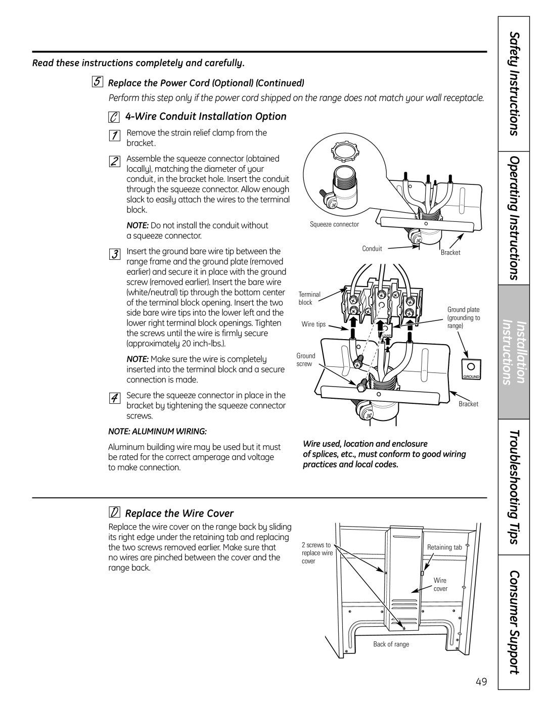 GE 04-09 JR, C2S980, 49-85167-1 Tips Consumer, Troubleshooting Replace the Wire Cover, Wire used, location and enclosure 