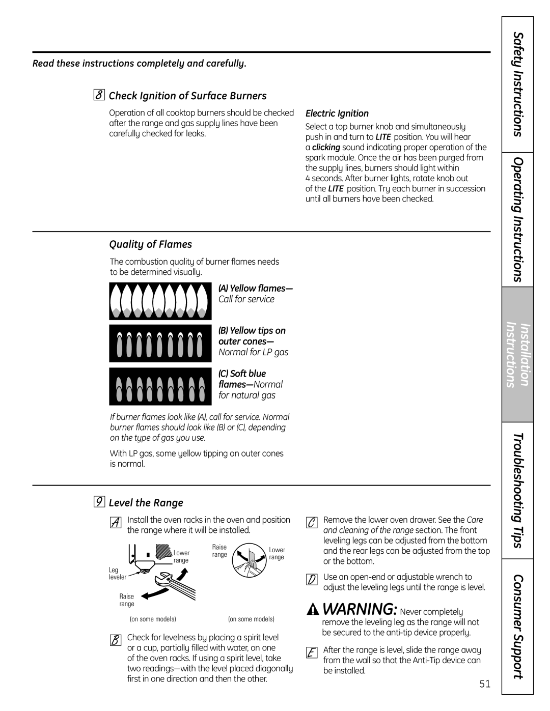 GE 183D5580P249 manual Safety Instructions Operating, Check Ignition of Surface Burners, Quality of Flames, Level the Range 