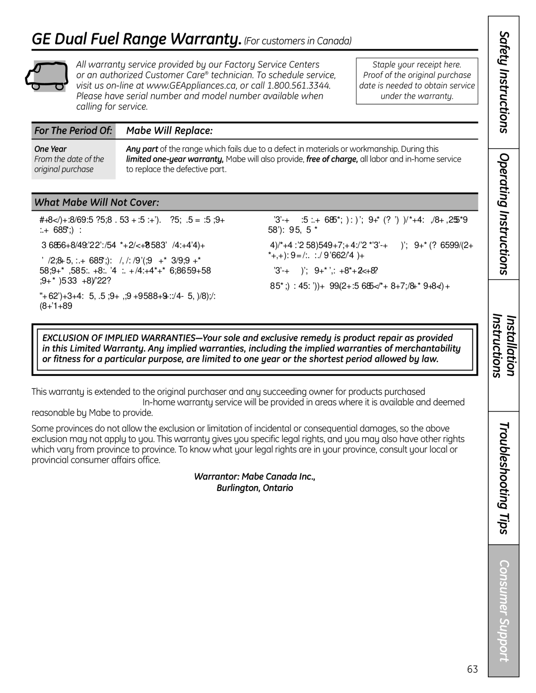 GE 183D5580P249, C2S980 GE Dual FuelRangeWarranty.For customers in Canada, Mabe Will Replace, What Mabe Will Not Cover 