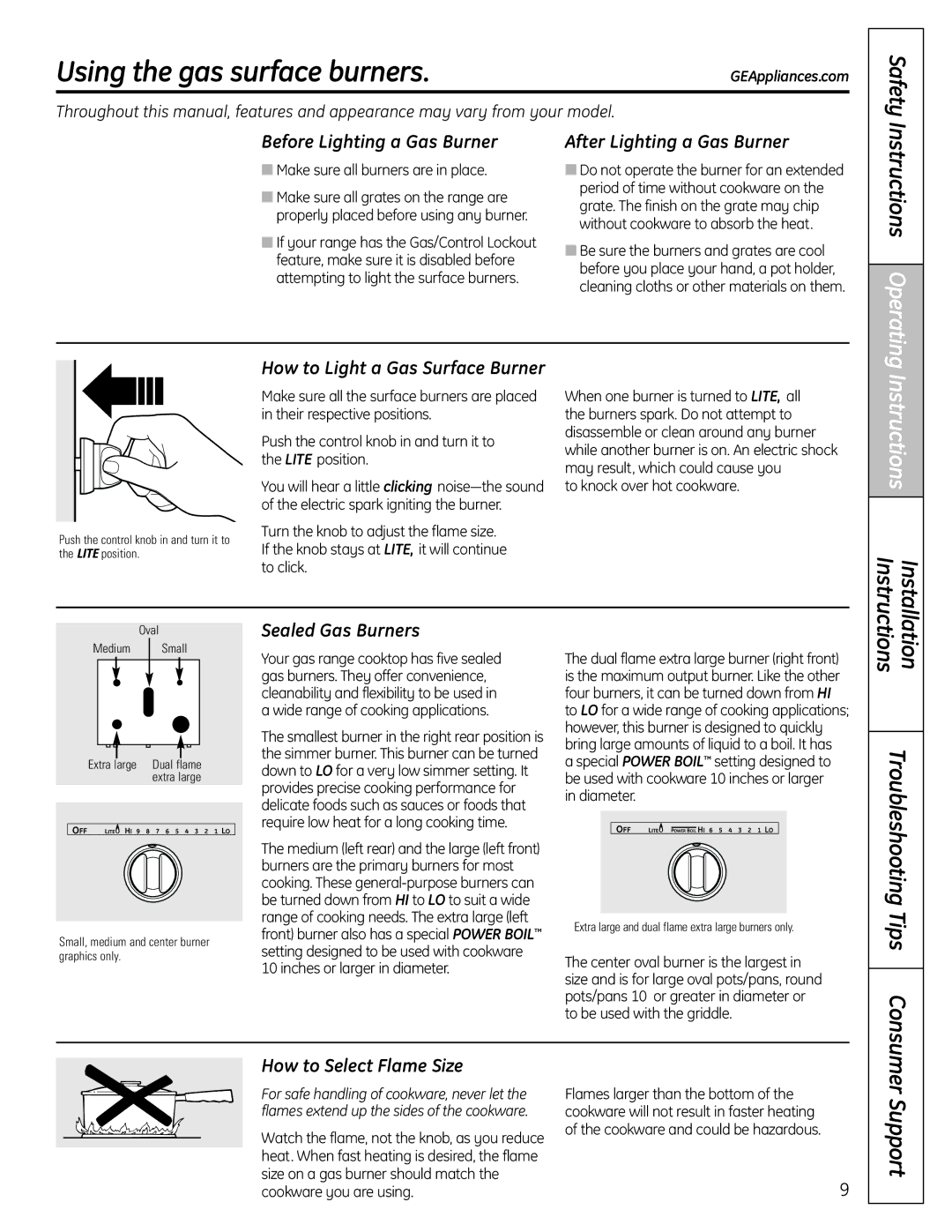 GE 04-09 JR, C2S980 manual Usingthe gas surface burners, Safety, Instructions Operating, Instructions Installation, Support 