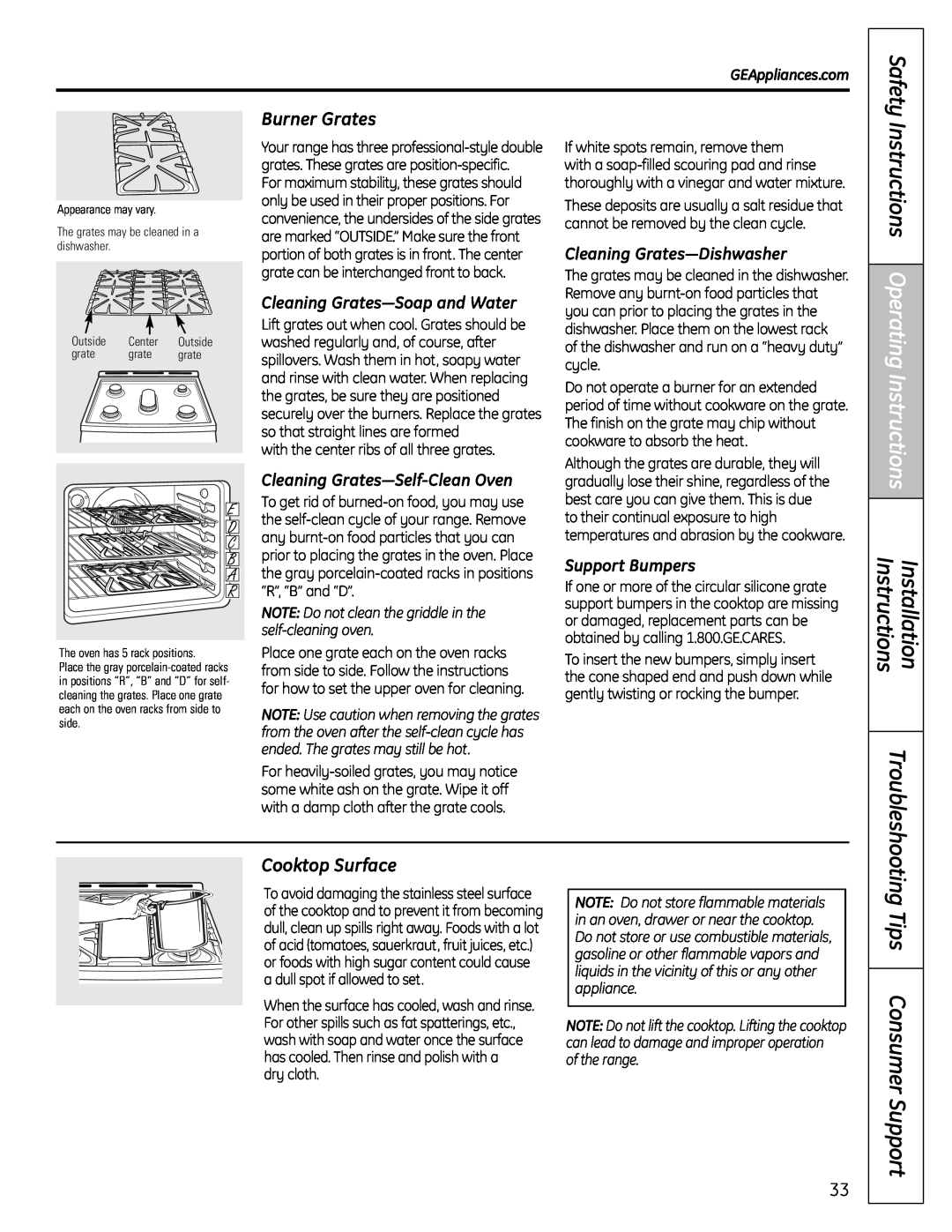 GE 04-09 JR manual Tips Consumer Support, Burner Grates, Cooktop Surface, Instructions Operating Instructions, Installation 