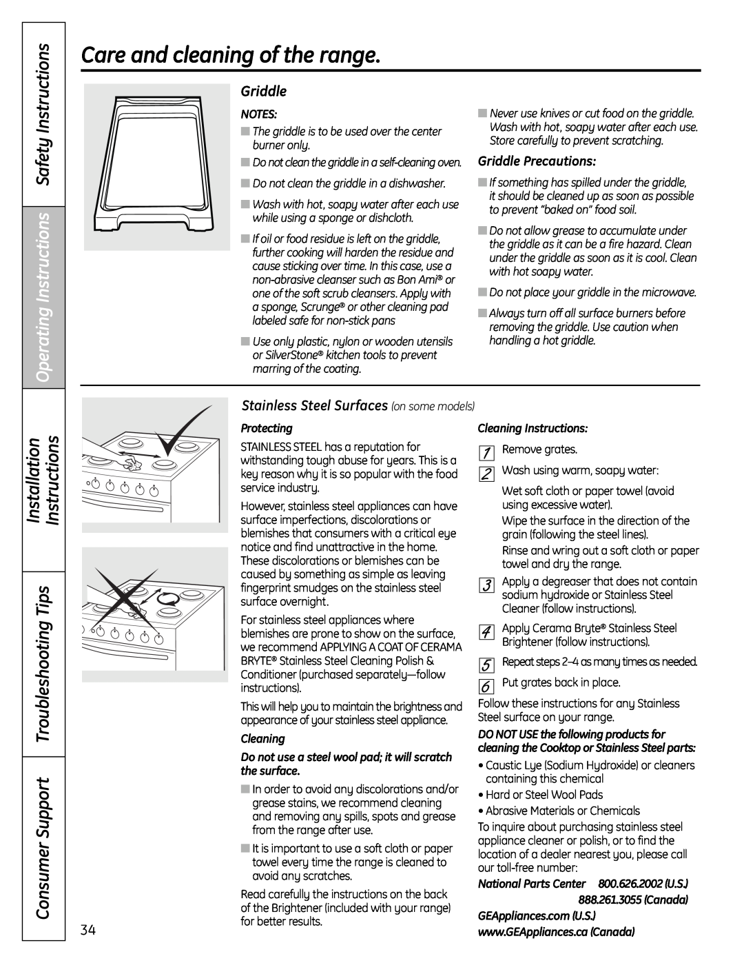 GE 49-85167-1, C2S980 manual Operating Instructions Safety Instructions, Griddle, Stainless Steel Surfaces on some models 