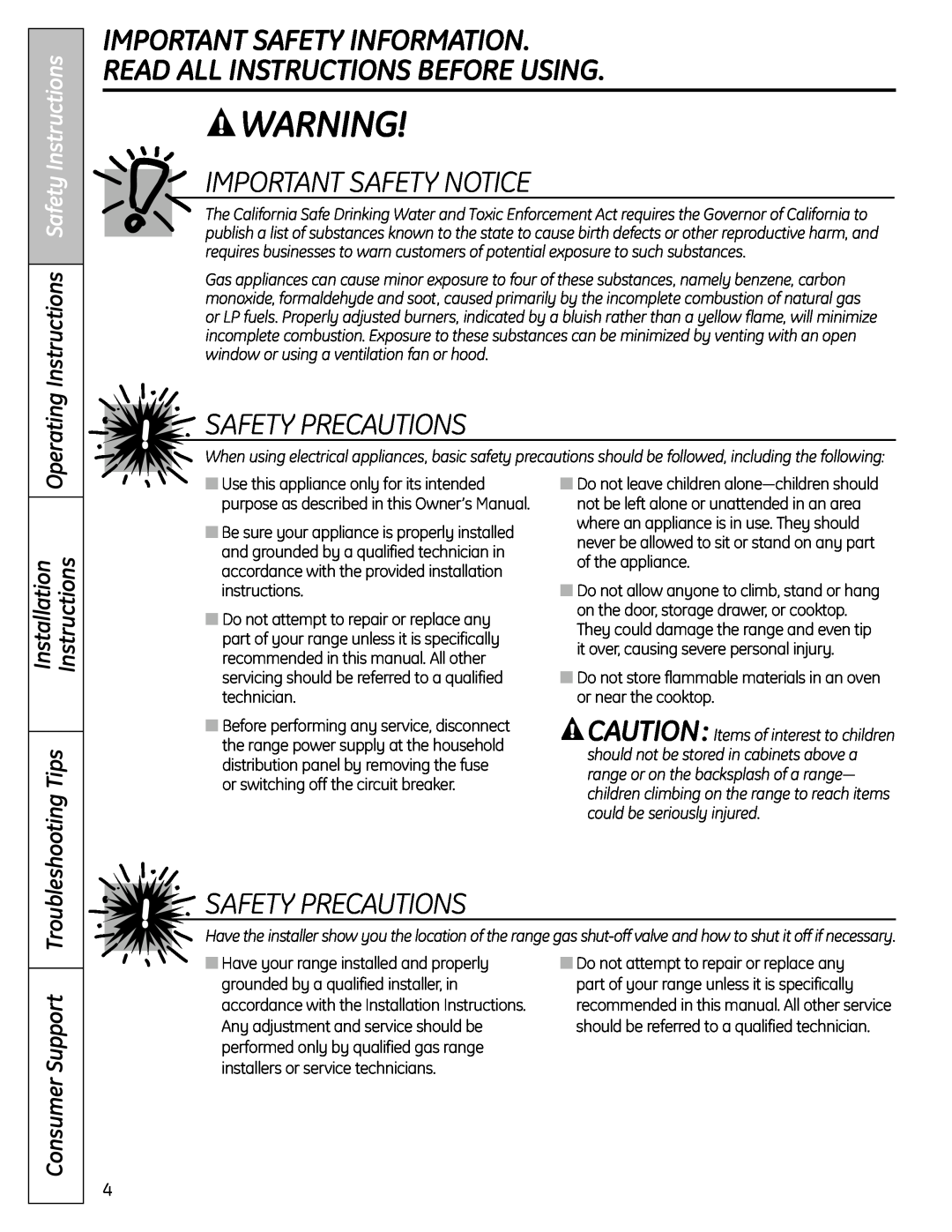 GE C2S980 Important Safety Information, Read All Instructions Before Using, Importantsafety Notice, Safety Precautions 