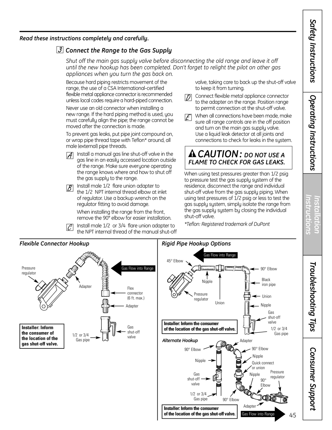 GE 04-09 JR, C2S980 manual Connect the Range to the Gas Supply, Operating Instructions, Installation, Safety Instructions 
