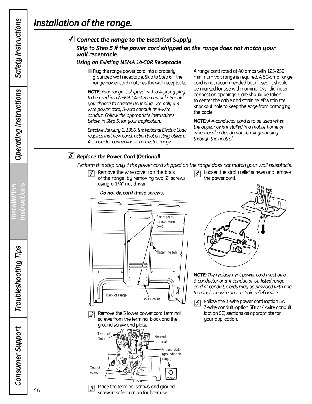 GE 49-85167-1, C2S980, 04-09 JR Connect the Range to the Electrical Supply, Installationof the range, Safety Instructions 