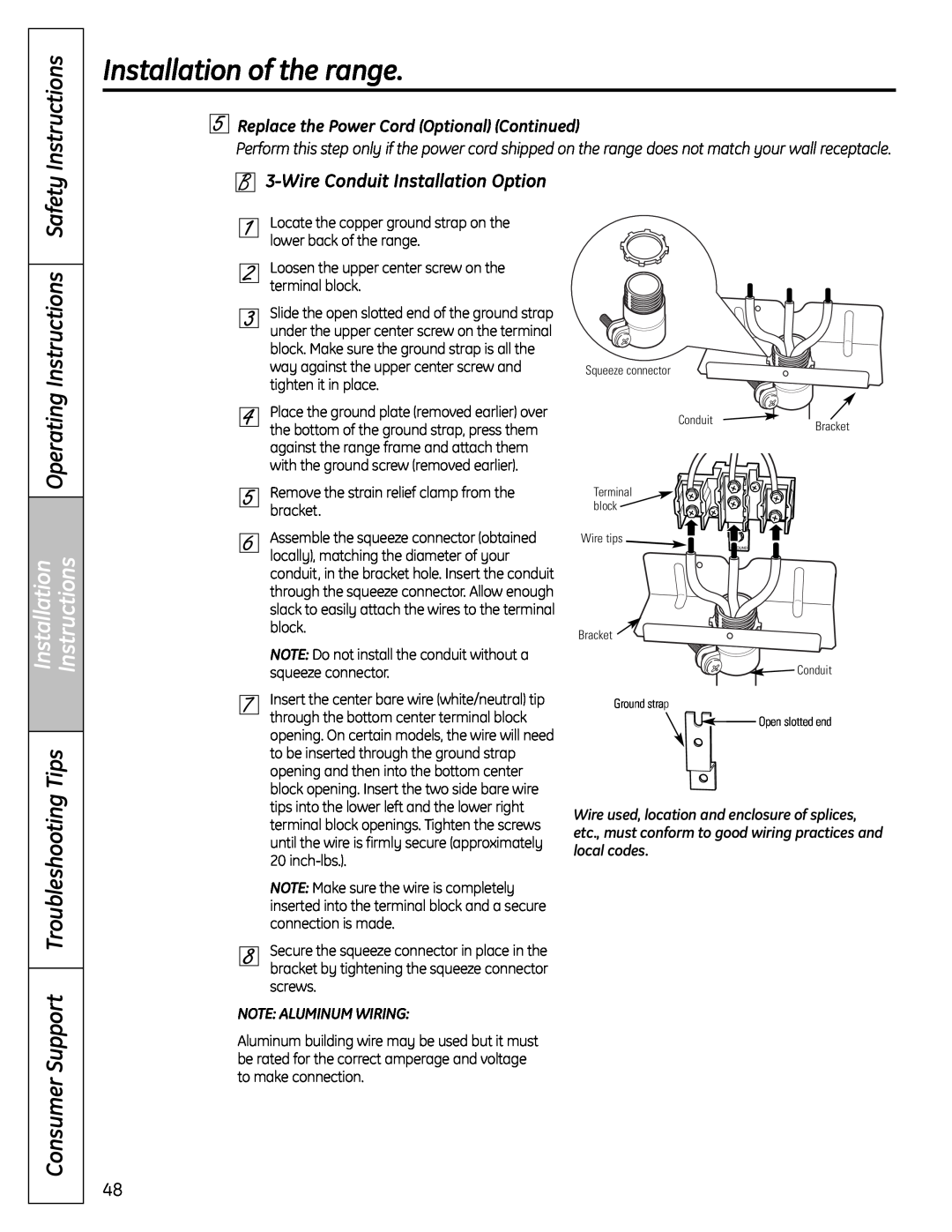 GE C2S980, 04-09 JR WireConduit Installation Option, Installationof the range, Safety Instructions, Operating Instructions 