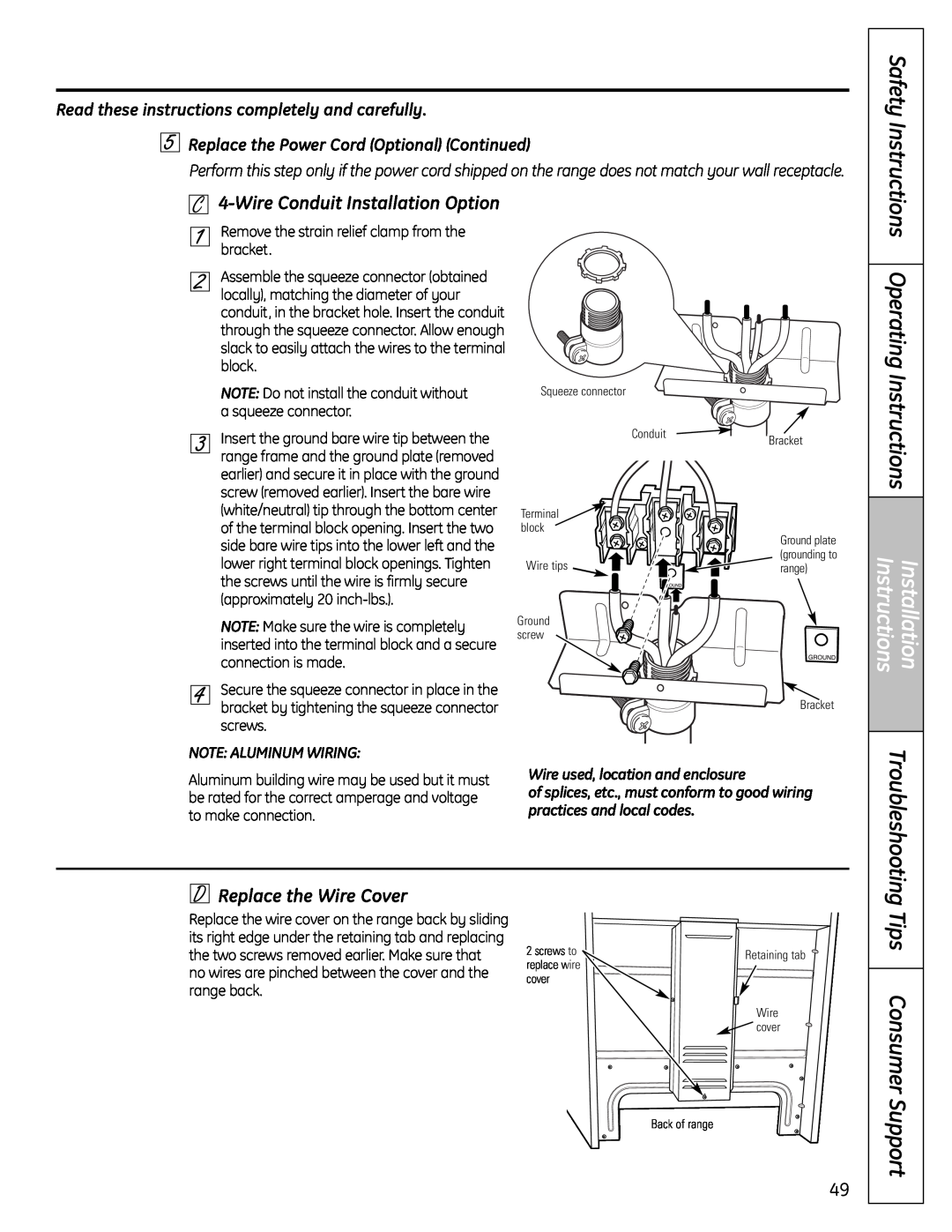 GE 04-09 JR Tips Consumer, Safety Instructions, WireConduit Installation Option, Troubleshooting, Replace the Wire Cover 