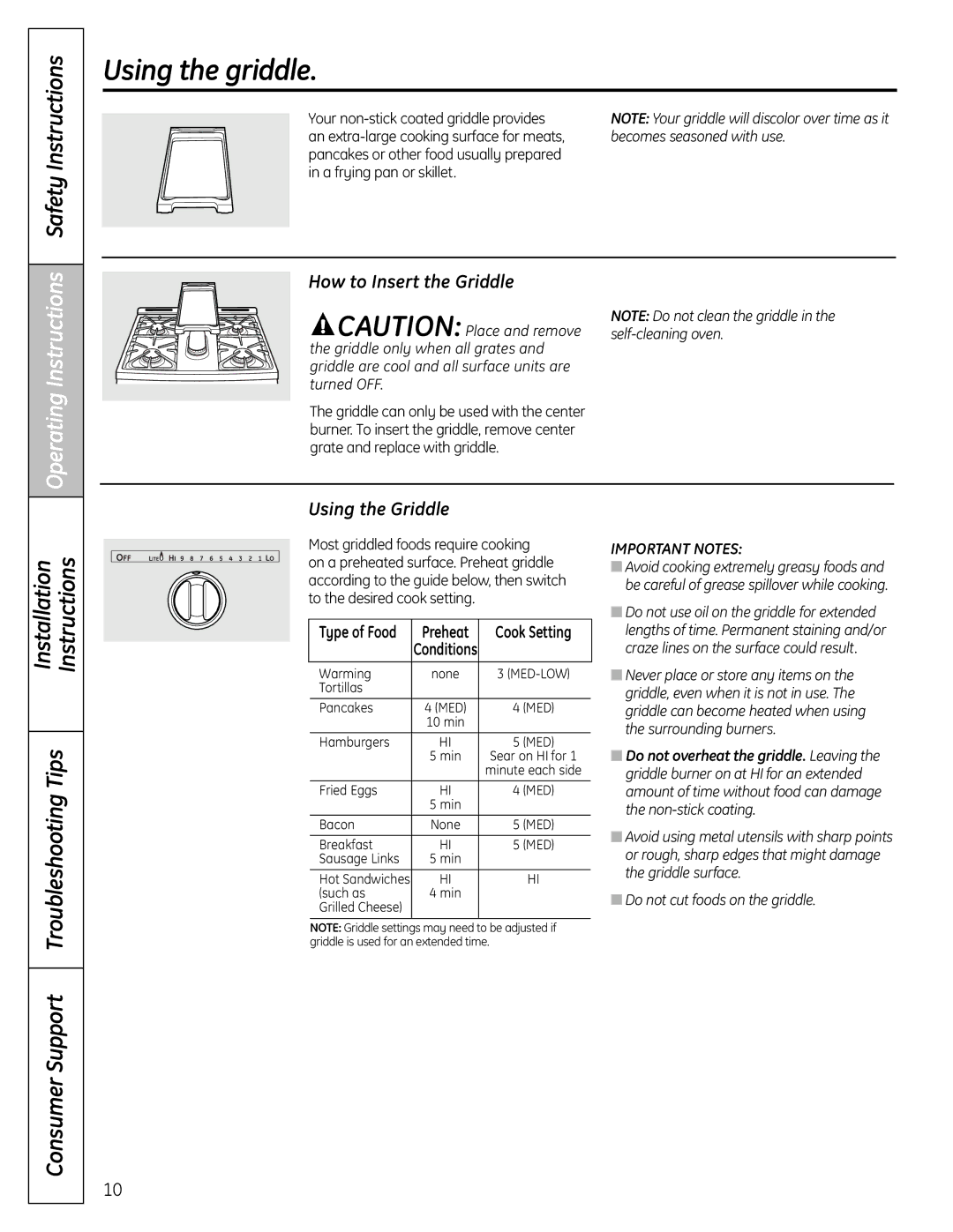 GE C2S980 Using the griddle, Safety Instructions, How to Insert the Griddle, Using the Griddle, Becomes seasoned with use 