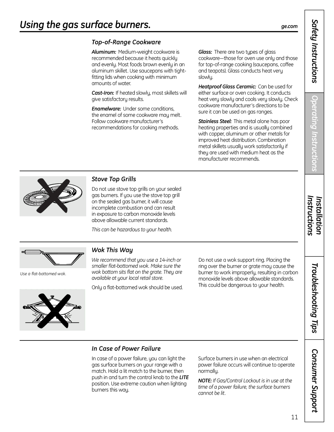 GE C2S980 Troubleshooting Tips, Top-of-Range Cookware, Stove Top Grills, Wok This Way, Case of Power Failure 