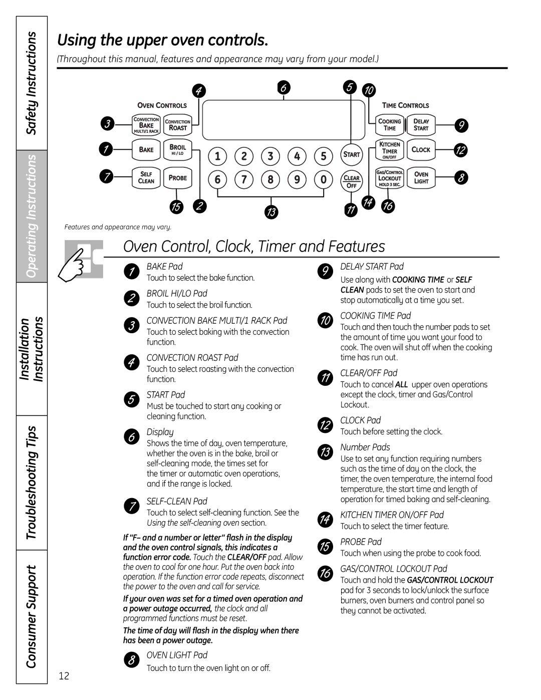 GE C2S980 Using the upper oven controls, Operating Instructions Safety Instructions, Consumer Support Troubleshooting Tips 