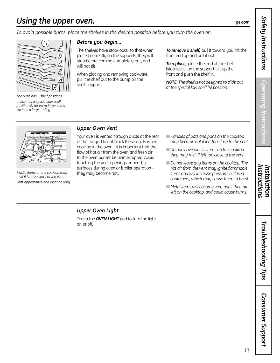 GE C2S980 Using the upper oven, Instructions Operating, Before you begin…, Upper Oven Vent, Upper Oven Light 