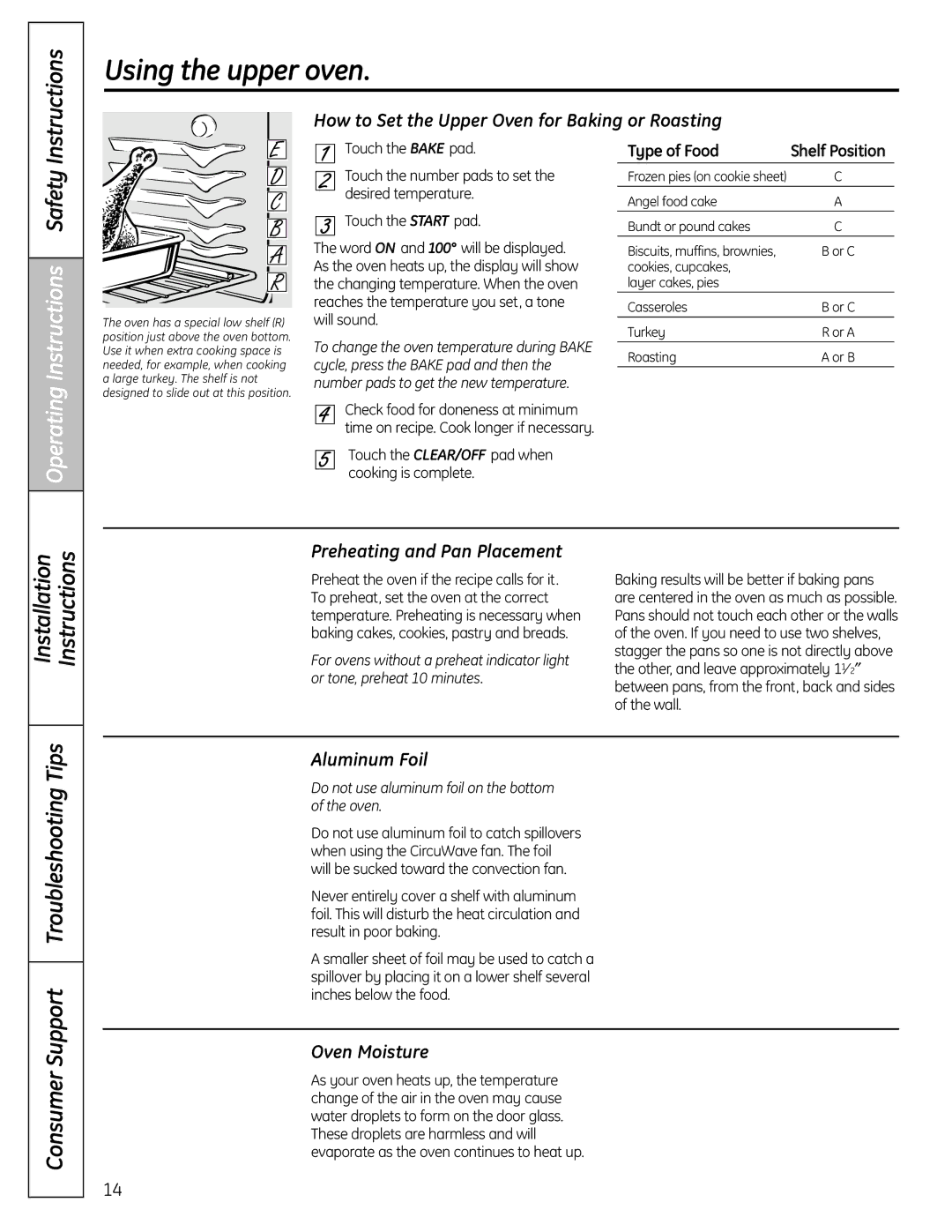 GE C2S980 Operating, How to Set the Upper Oven for Baking or Roasting, Preheating and Pan Placement, Aluminum Foil 