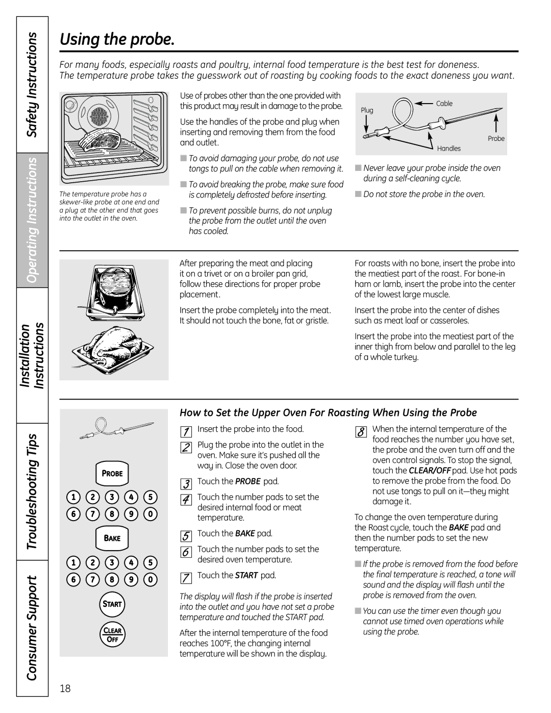 GE C2S980 Using the probe, How to Set the Upper Oven For Roasting When Using the Probe, Insert the probe into the food 