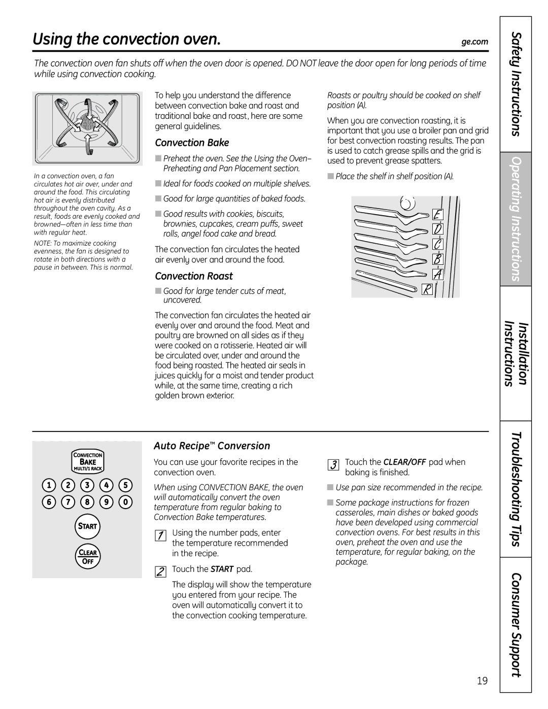 GE C2S980 installation instructions Using the convection oven, Convection Bake, Convection Roast, Auto Recipe Conversion 