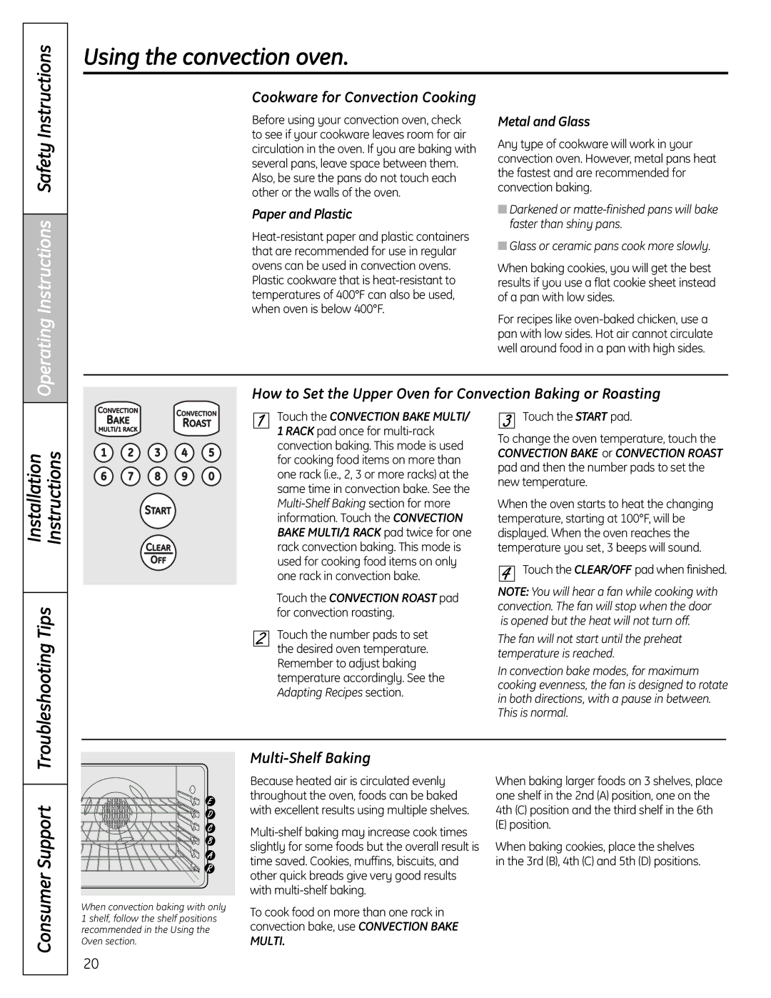 GE C2S980 Installation Instructions Troubleshooting Tips, Multi-Shelf Baking, Cookware for Convection Cooking 