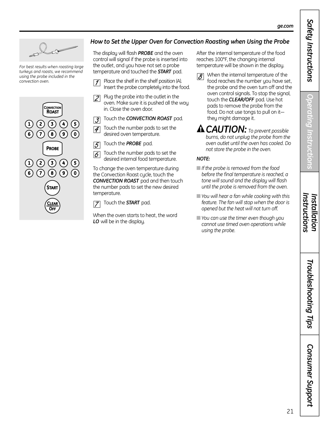 GE C2S980 installation instructions Ge.com, Touch the Convection Roast pad 