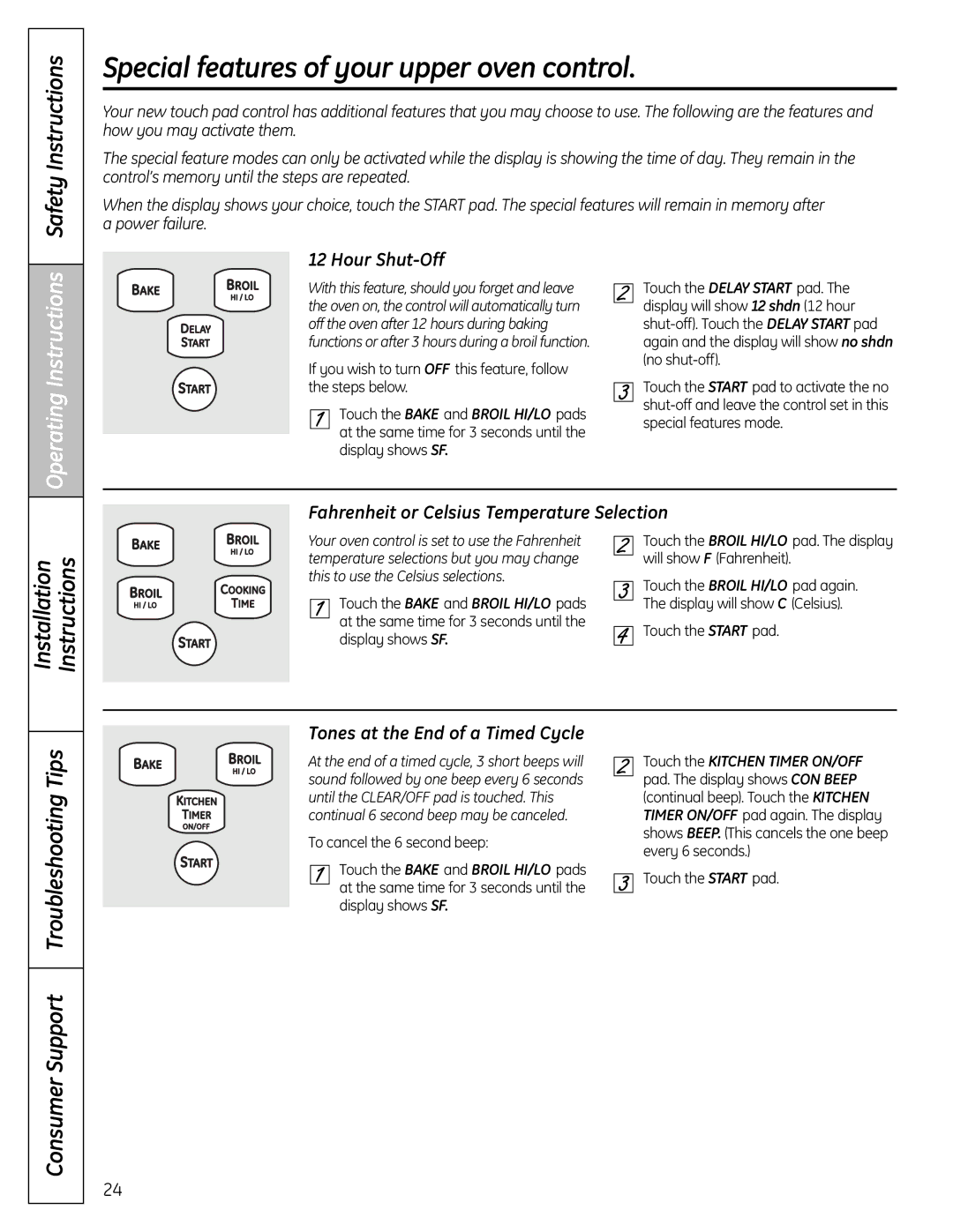 GE C2S980 Special features of your upper oven control, Hour Shut-Off, Fahrenheit or Celsius Temperature Selection 