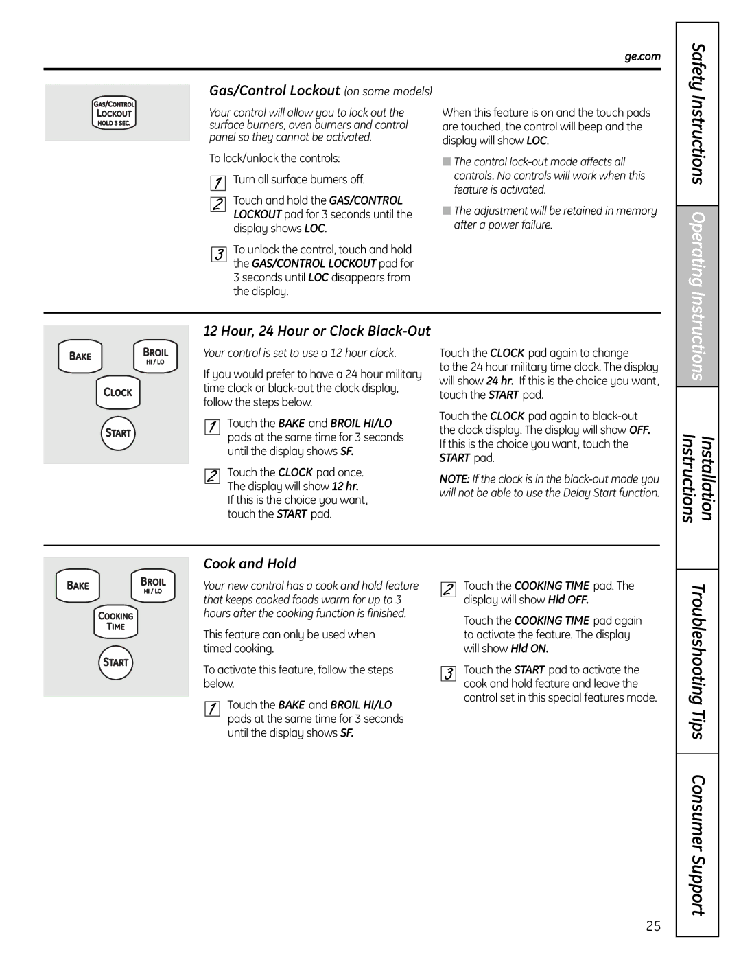 GE C2S980 Instructions, Cook and Hold, Safety Gas/Control Lockout on some models, Hour, 24 Hour or Clock Black-Out 